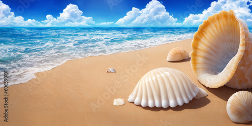 Ocean beach on a sunny day with one big and several small sea shells. Seascape illustration with sand beach, waves, turquoise water and sky with white clouds. Generative AI