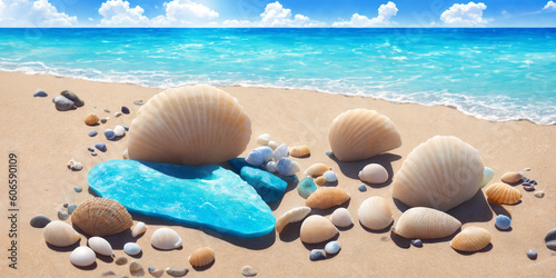 Ocean beach on a sunny day with big and small shells and sea pebbles. Seascape illustration with sand beach, waves, turquoise water and sky with white clouds. Generative AI