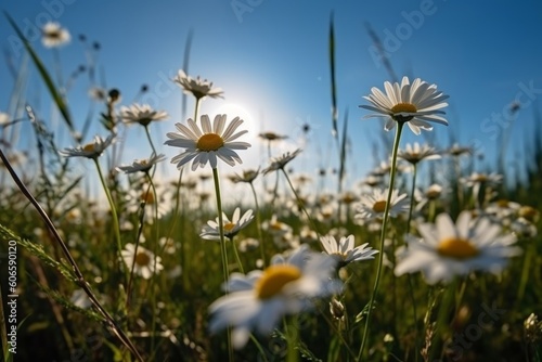 Wild daisies in the grass with a blue sky, Generative ai photo