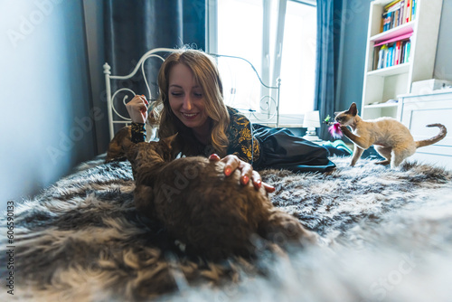 cheerful woman laying on the bed with Devon rex cats and laughing. High quality photo