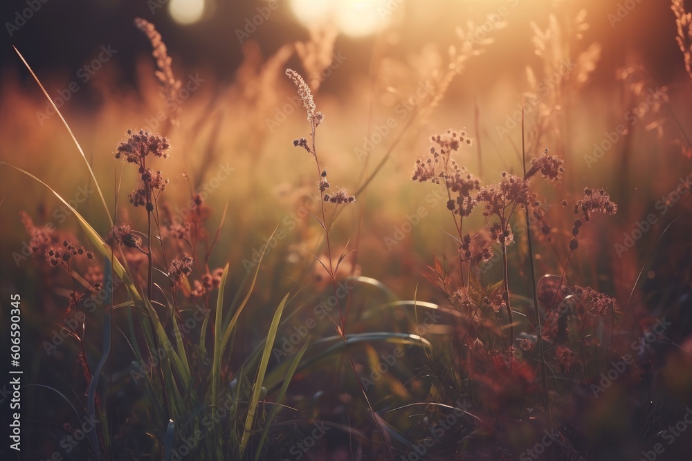 Wild grass in the forest at sunset, macro image, Generative ai Wild grass in the forest at sunset, macro image, Generative ai