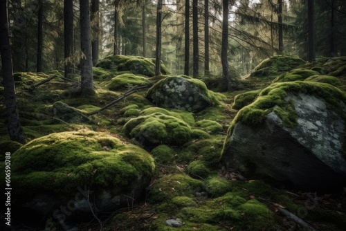 Wilderness landscape forest with pine trees and moss on rocks, Generative ai photo