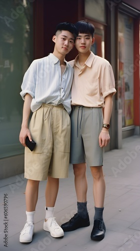 Attractive young Asian couple of guys standing at street, street photography style, AI Generated