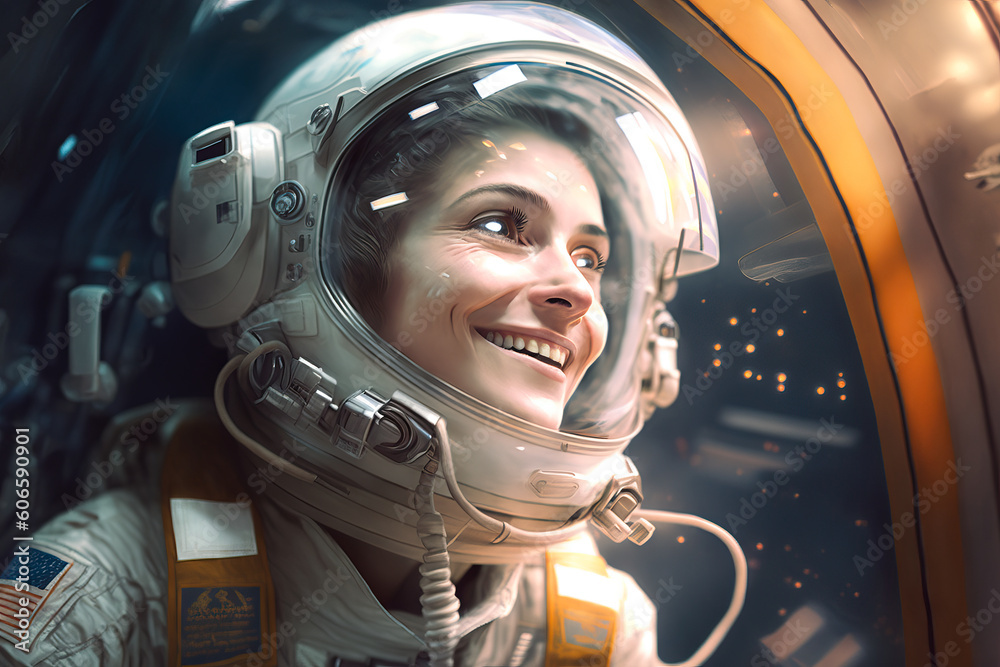 Female astronaut inside of space ship, generative ai Female astronaut inside of space ship, generative ai
