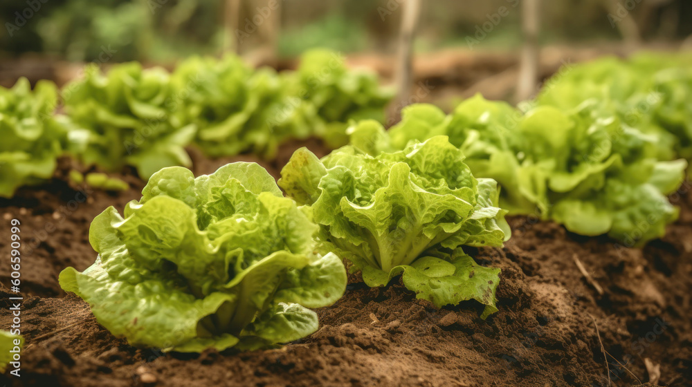 Lettuce Growing in a Outdoor Ecological Vegetable Garden - obrazy, fototapety, plakaty 