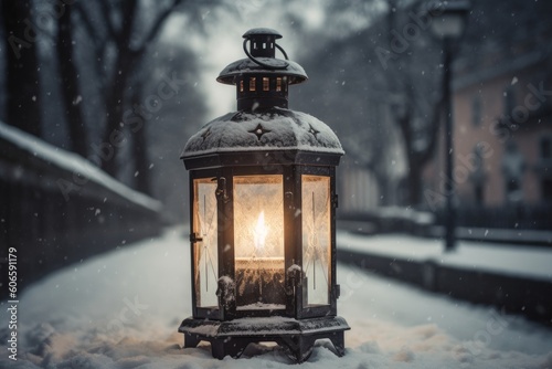 Ai generated illustration of lanterne in snow, Generative ai © Marius
