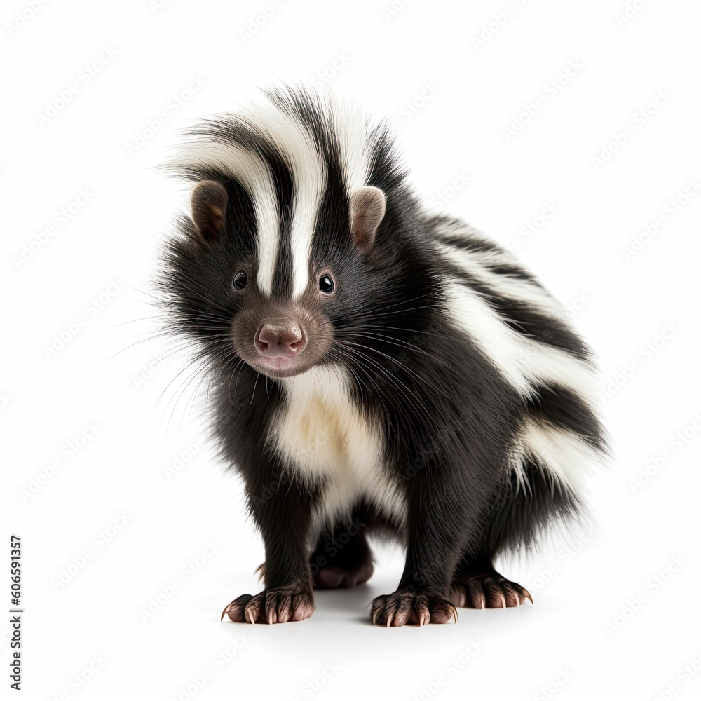 Cute classic black with white stripe young skunk aka Mephitis mephitis, walking side ways. Head up looking straight ahead with tail high up. Isolated on a white background. Generative AI Cute classic black with white stripe young skunk aka Mephitis mephitis, walking side ways. Head up looking straight ahead with tail high up. Isolated on a white background. Generative AI