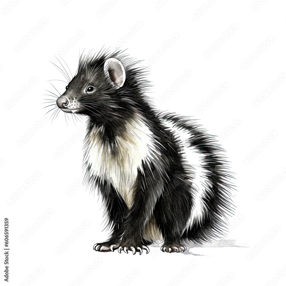 Obraz premium Cute classic black with white stripe young skunk aka Mephitis mephitis, walking side ways. Head up looking straight ahead with tail high up. Isolated on a white background. Generative AI