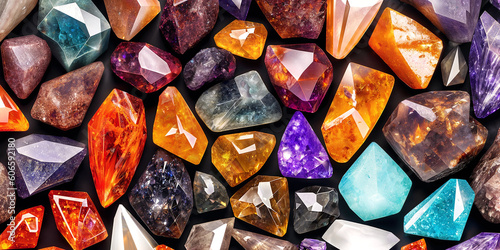 A lot of crystals and gemstones on a dark background. Natural minerals such as agate, amber, amethyst, quartz and others. A scattering of precious stones. Generative AI photo