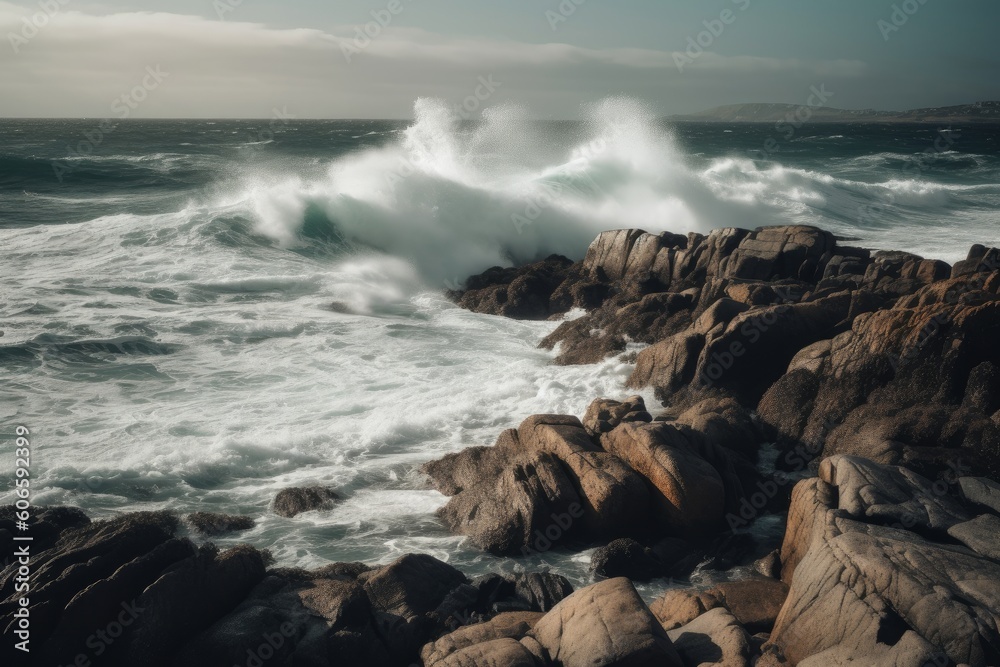 Obraz premium Waves crashing on shore background, Generative ai