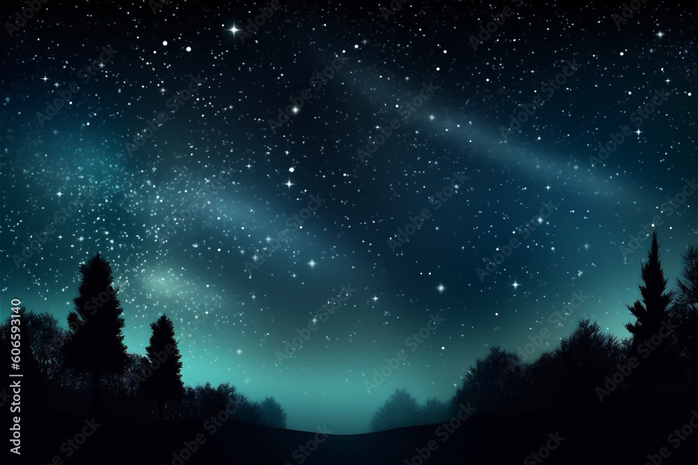 Blue dark night sky with many stars above field of trees. Milkyway background. AI generated content