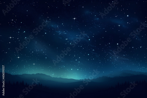 Blue dark night sky with many stars above field of trees. Milkyway background. AI generated content © Elena