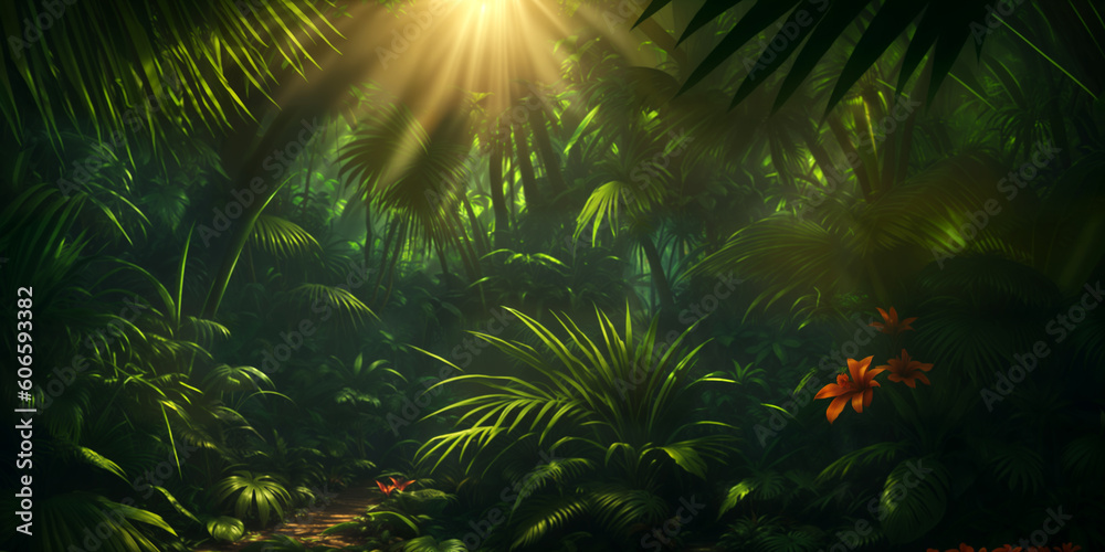Jungle on a sunny day. Beautiful tropical forest with exotic plants, flowers, palm trees, big leaves and ferns. Thicket of the rainforest. Bright sun, sunbeams through the foliage. Generative AI