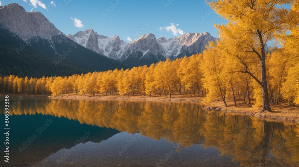 An Artful Depiction Of A Dramatically Lit Lake Surrounded By Yellow Trees