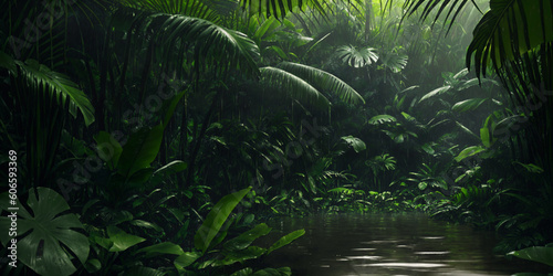 Lake in wild jungle. Heavy rain. Dark tropical forest with exotic plants  palm trees  big leaves and ferns. Scary thicket of the rainforest. Streams of water  wet green vegetation. Generative AI