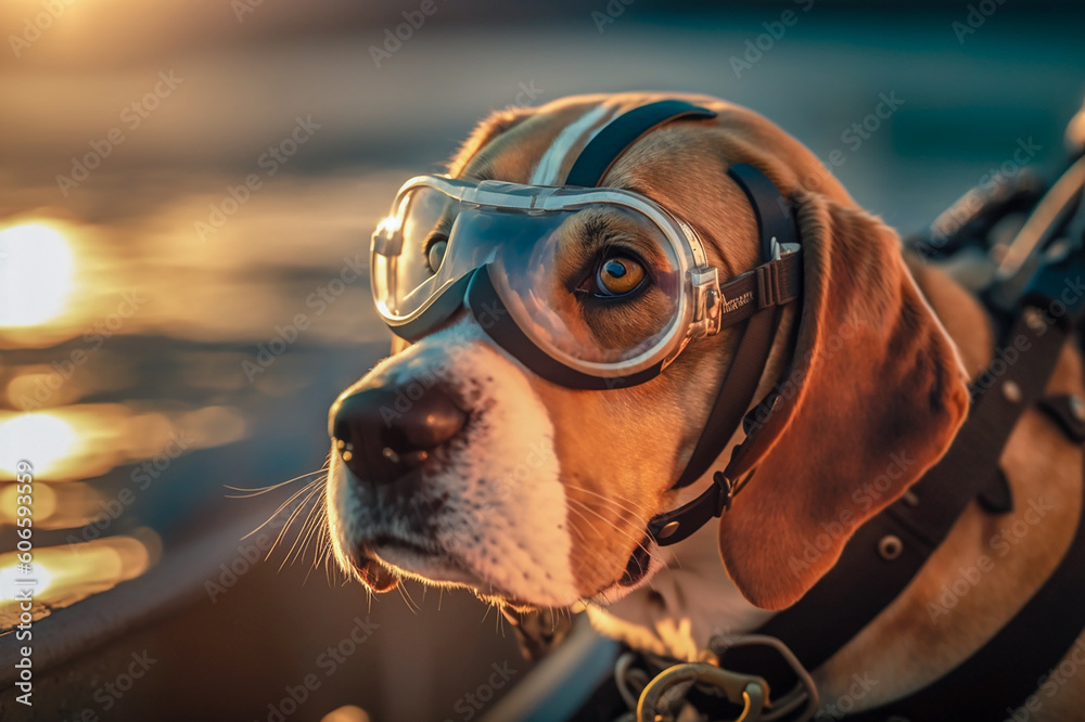 beagle dog with diving mask on a speedboat 3
