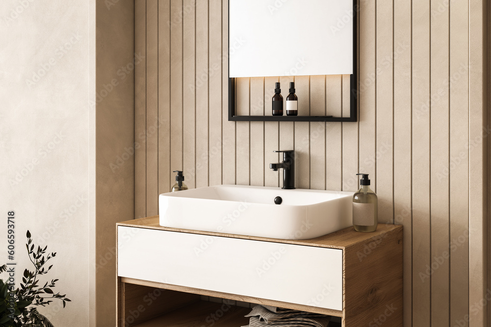 Chic bathroom setup with white sink, soap dispensers, faucet, mirror, beige wall background. Ideal for showcasing your products in a stylish and modern setting. 3d rendering Chic bathroom setup with white sink, soap dispensers, faucet, mirror, beige wall background. Ideal for showcasing your products in a stylish and modern setting. 3d rendering