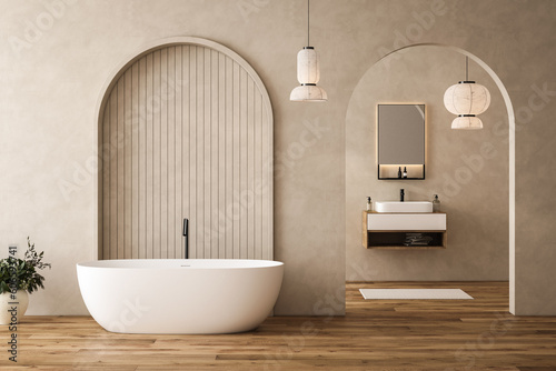 Beige bathroom interior with white sink and mirror  carpet on hardwood floor  bathtub  plants. Bathing accessories and window in hotel studio. 3D rendering
