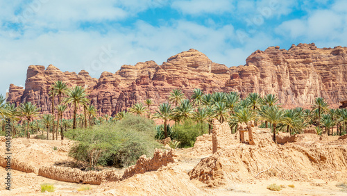 Al Ula ruined old town street with palms and rocks int the background  Saudi Arabia