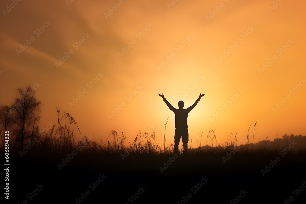 Silhouette of young free man open both arms praying in sunset, generative AI