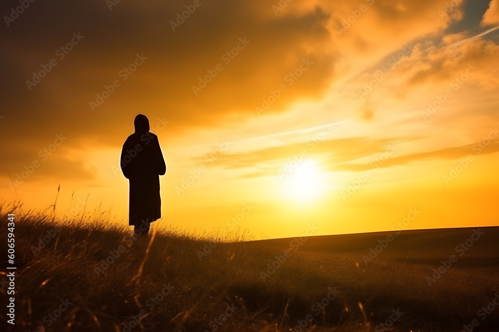 Silhouette of young free man open both arms praying in sunset, generative AI