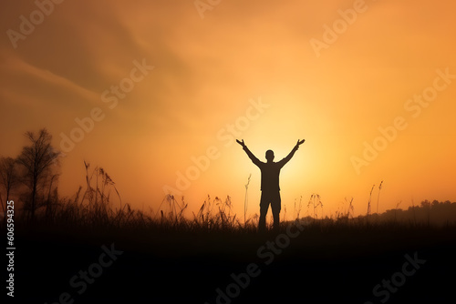 Silhouette of young free man open both arms praying in sunset, generative AI