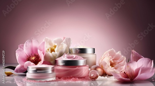 Various beauty products, skincare and makeup products, cosmetics picture, AI generated