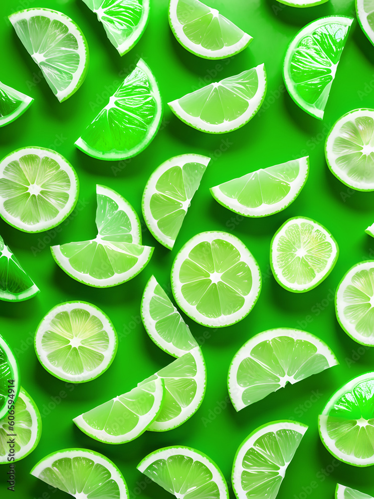 A slices of fresh juicy green limes. Fresh juicy lemon slices as background, top view. generative ai