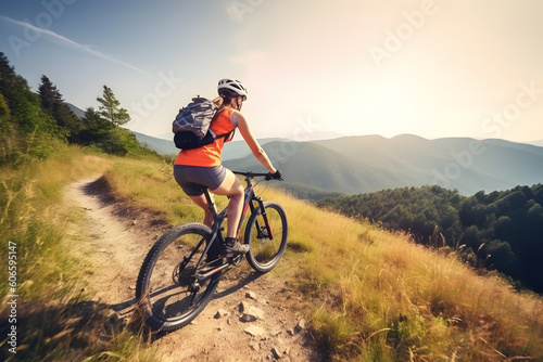 Mountain biking in sunset, Generative AI
