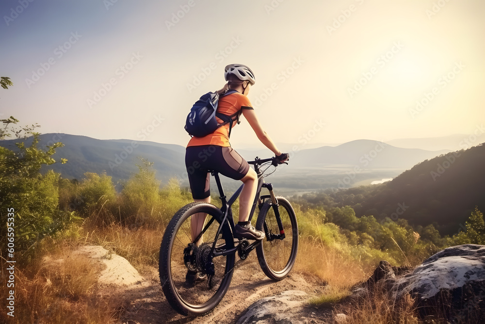 Mountain biking in sunset, Generative AI