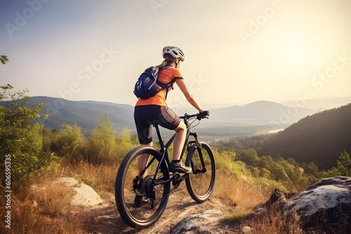 Mountain biking in sunset, Generative AI