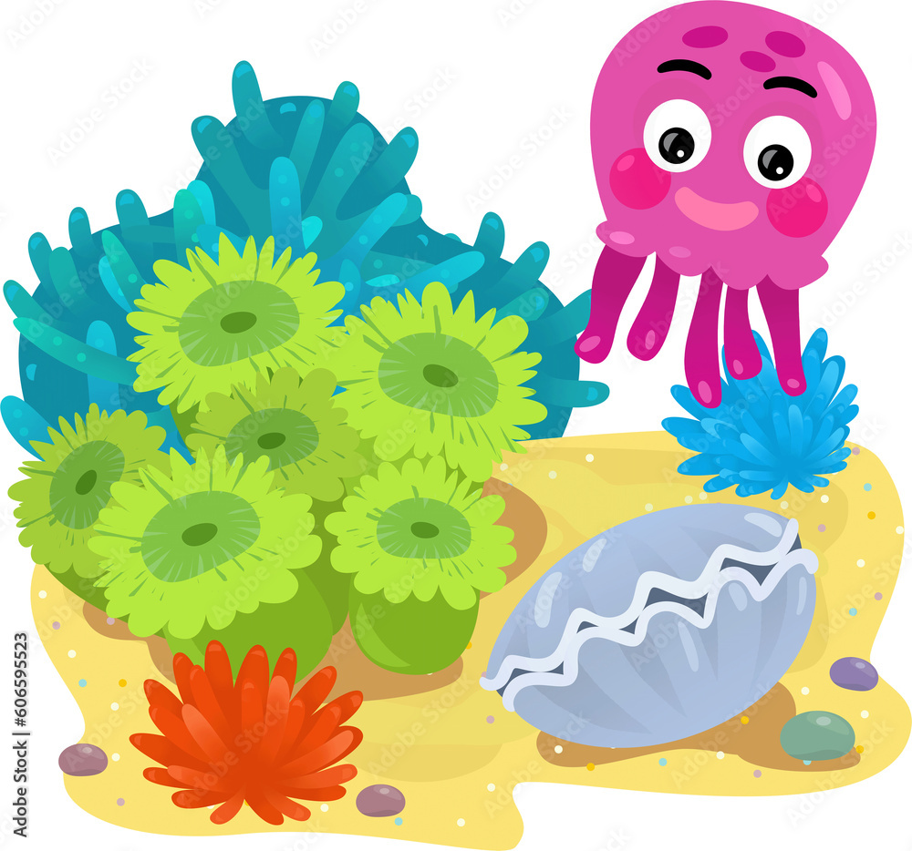 cartoon scene with coral reef with swimming octopus or gelly fish isolated element illustration for kids cartoon scene with coral reef with swimming octopus or gelly fish isolated element illustration for kids