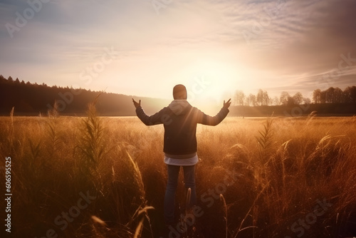 Silhouette of young free man open both arms praying in sunset, generative AI