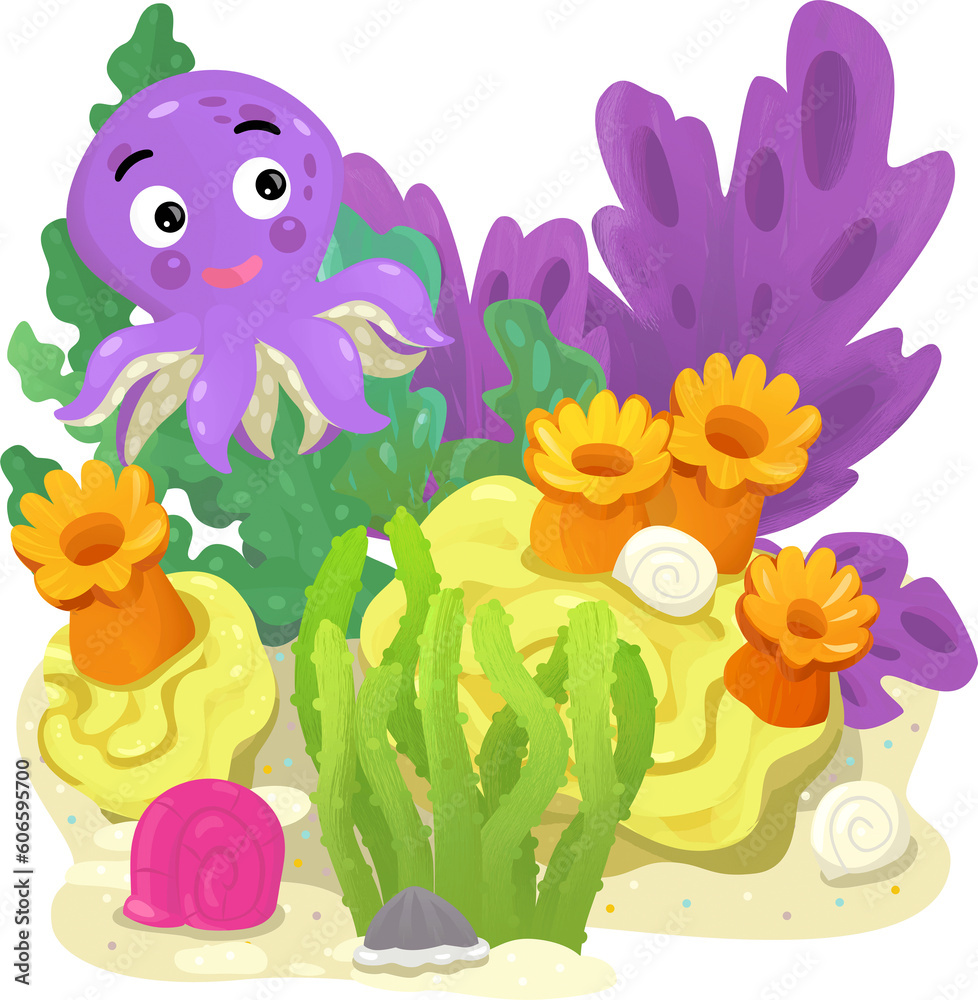 cartoon scene with coral reef with swimming fish octopus isolated element illustration for kids cartoon scene with coral reef with swimming fish octopus isolated element illustration for kids