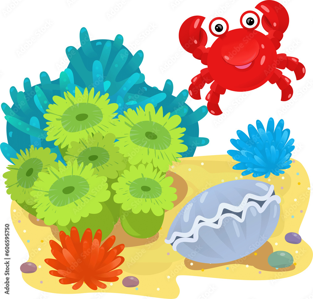 cartoon scene with coral reef with swimming crab fish isolated element illustration for kids cartoon scene with coral reef with swimming crab fish isolated element illustration for kids