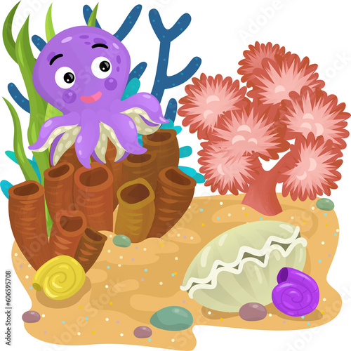 cartoon scene with coral reef with swimming fish octopus isolated element illustration for kids