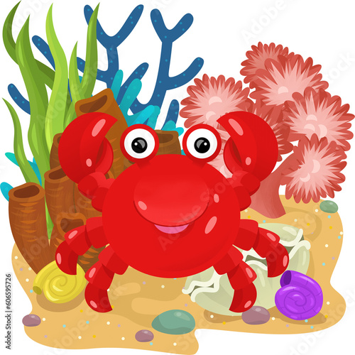 cartoon scene with coral reef with swimming crab fish isolated element illustration for kids