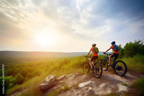 Couple riding a mountain bike in sunset, Generative AI