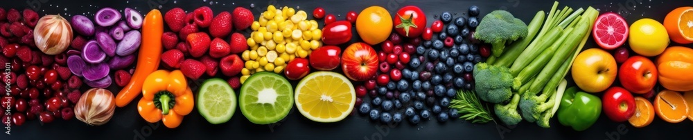 Assortment of fresh fruits and vegetables in rainbow colors. AI generative illustration. Assortment of fresh fruits and vegetables in rainbow colors. AI generative illustration.