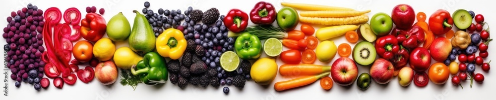 Assortment of fresh fruits and vegetables in rainbow colors. AI generative illustration. Assortment of fresh fruits and vegetables in rainbow colors. AI generative illustration.