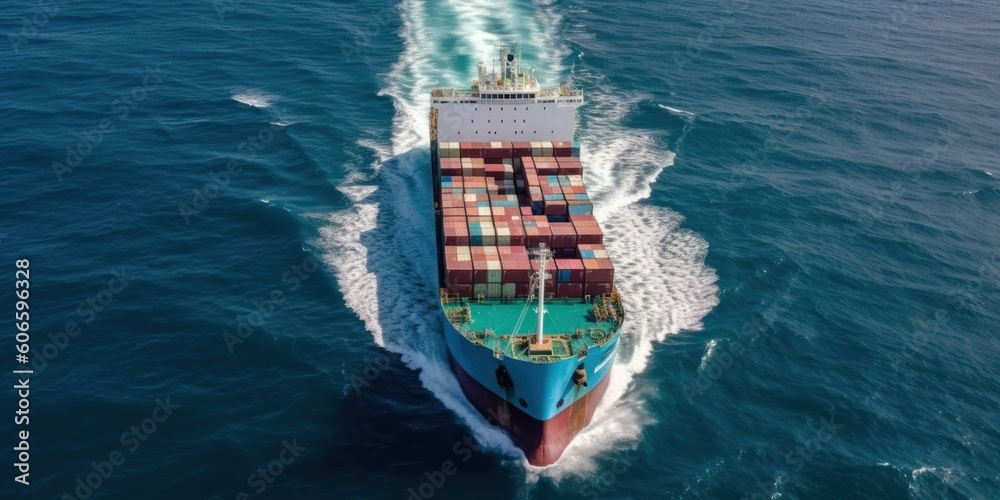 Aerial top view of container cargo ship in the open sea. AI generative illustration.