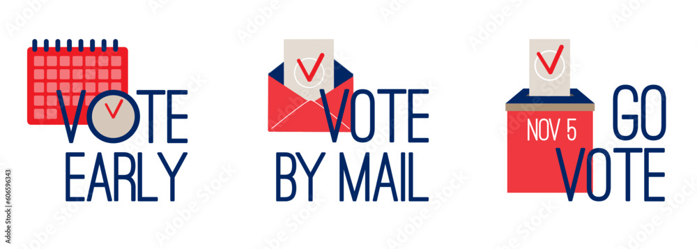 Φωτογραφία Vote early, vote by mail, go vote - USA presidential election colorful Icons, stickers set