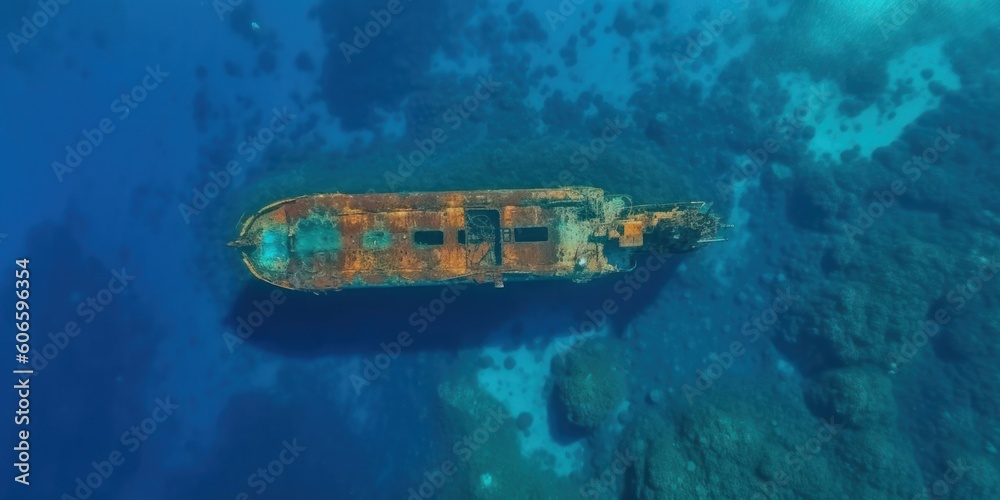 Sunken ship wreck underwater with rusty parts. AI generative illustration. Sunken ship wreck underwater with rusty parts. AI generative illustration.