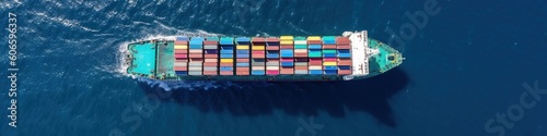 Aerial top view of container cargo ship in the open sea. AI generative illustration. © Vjom