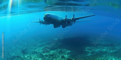 Aircraft wreck underwater with propeller engines. AI generative illustration.