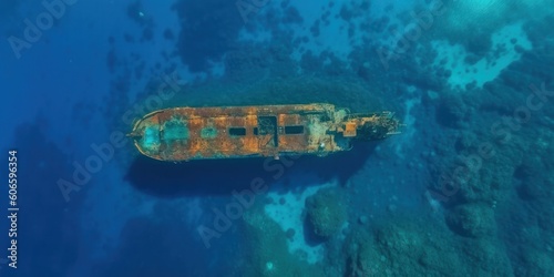 Sunken ship wreck underwater with rusty parts. AI generative illustration.