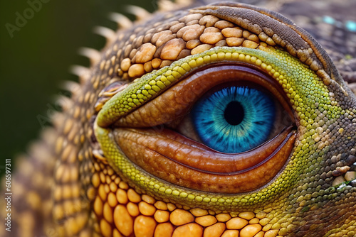 Close-up lizard eye. Illustration with reptile among wild nature. Generative AI
