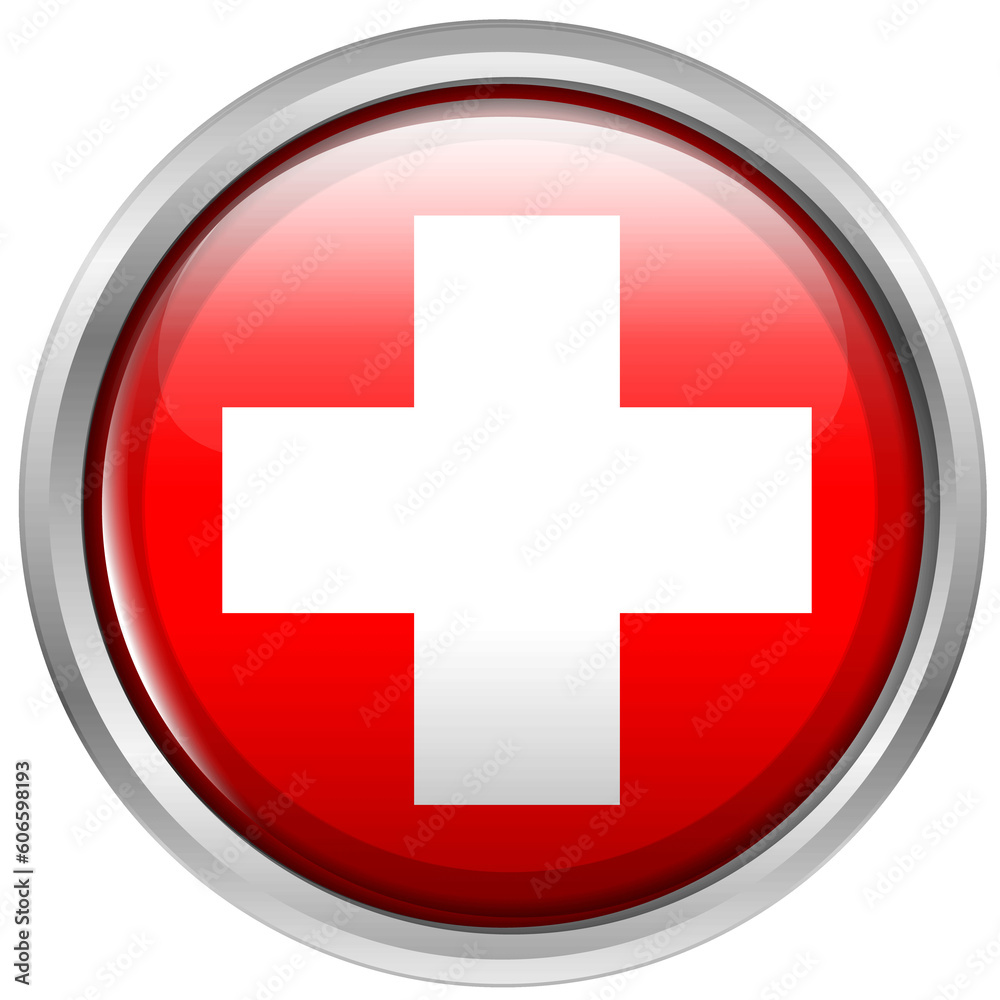 Fototapeta premium Round glass button framed in silver of the flag of Switzerland