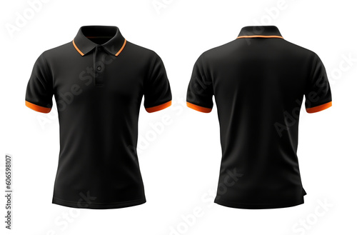 plain black polo shirt mockup design. with an orange collar. front and rear view. isolated on transparent background. generative ai