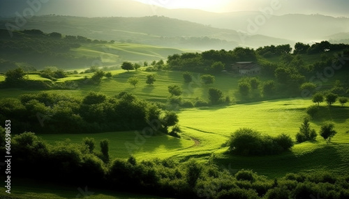 Green dreamy landscape with trees and some fog